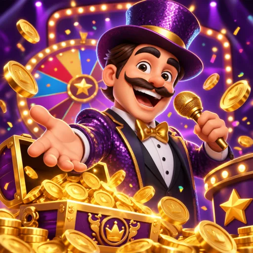 Estúdio de game show com luzes e apresentador transmitindo em HD
